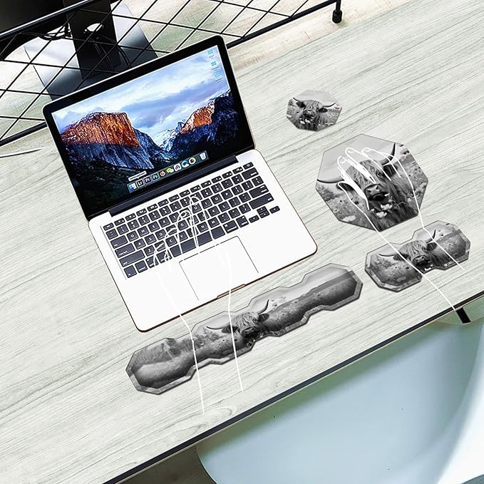 Ergonomic Mouse Pad with Wrist Support Gel and Keyboard Wrist Rest Set + Coaster, Cute Mouse Pads Non Slip Rubber Base Mousepad for Computer Laptop Home Office Working Gaming,Highland Cow Ox Cattle