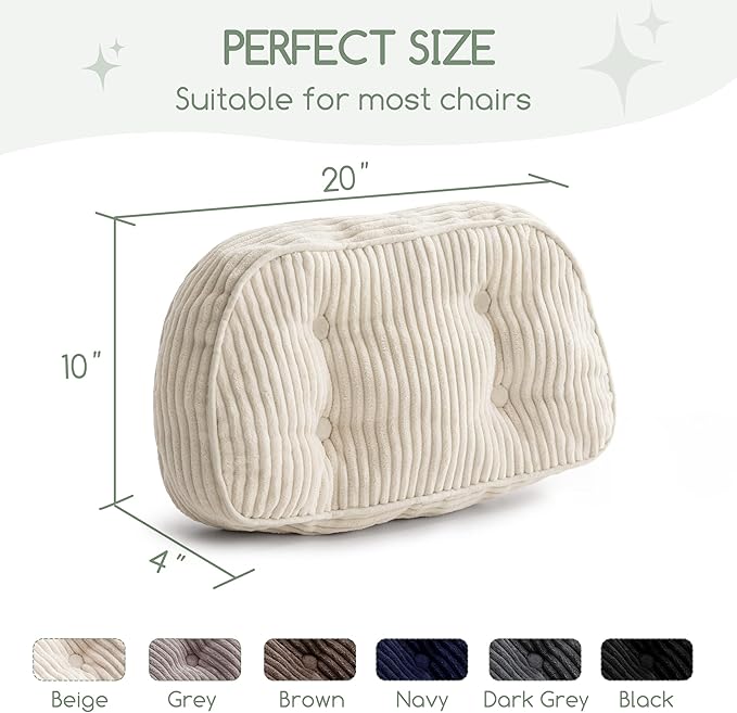 HIGOGOGO Lumbar Support Pillow for Recliner Chair/Accent Chair/Couch/Office Chair, Tufted Corduroy Back Support Cushion for Elderly, Recliner Cushions for Back Rest, Pain Relief, Reading, Beige