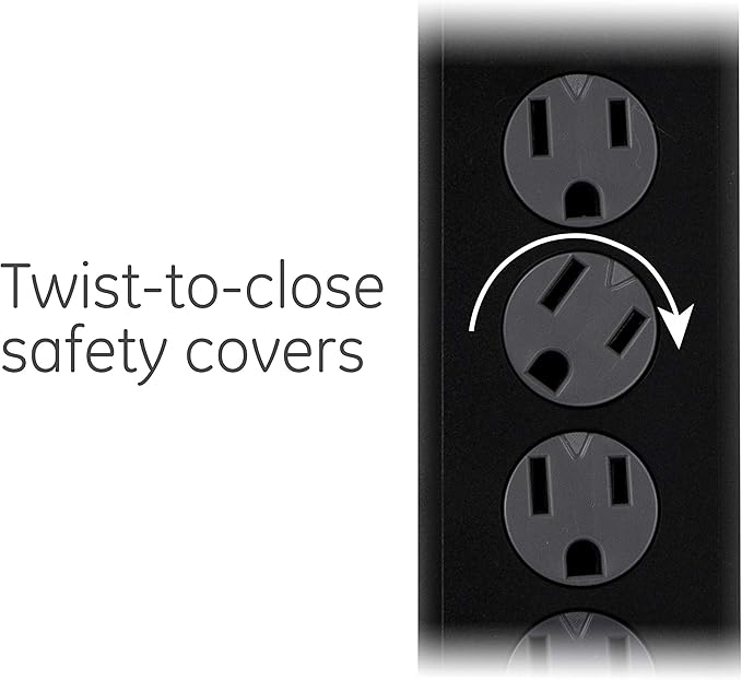 GE Surge Protector Power Strip, 8 Ft Extension Cord, 6 Outlet Extender, 1300 Joules, Flat Plug, Twist-to-Close Safety Covers, ETL Listed, Black, 33662