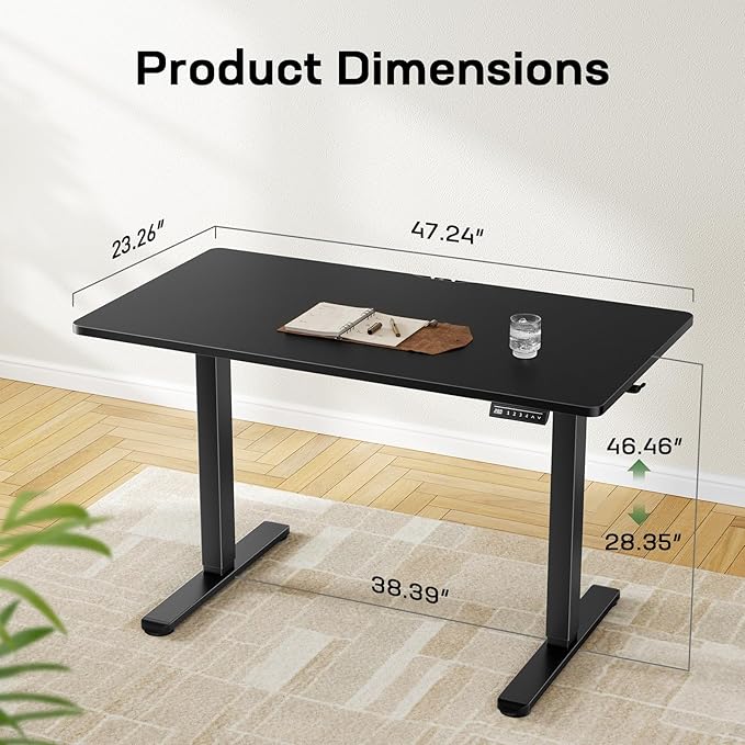 Marsail Standing Desk, Height Adjustable Desk with One-Piece Desktop, 48 x 24 inch Black Sit Stand Desk with 4 Memory Presets for Home Office & Computer Workstations (2 Packages)