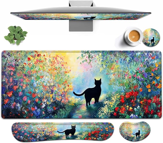 Large Mouse pad and Keyboard Support Set, Ergonomic Memory Foam Keyboard Wrist Rest, Extended Gaming Mouse Pad with Stitched Edges, Black Cat in The Garden XXL Desk Mat (31.5 X 11.8 in)