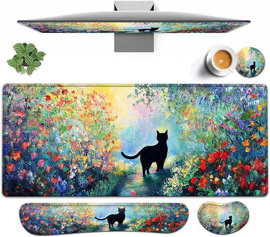 Large Mouse pad and Keyboard Support Set, Ergonomic Memory Foam Keyboard Wrist Rest, Extended Gaming Mouse Pad with Stitched Edges, Black Cat in The Garden XXL Desk Mat (31.5 X 11.8 in)