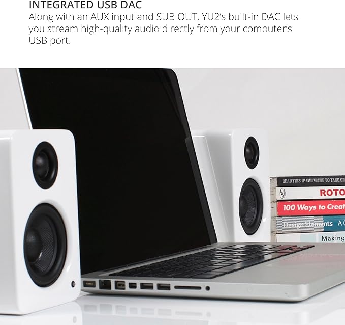 Kanto YU2MW PC Gaming Desktop Speakers | 3" Composite Drivers | 3/4" Silk Dome Tweeter | Class D Amplifier | 100 Watts | Built-in USB DAC | Subwoofer Output | Pair | Matte White