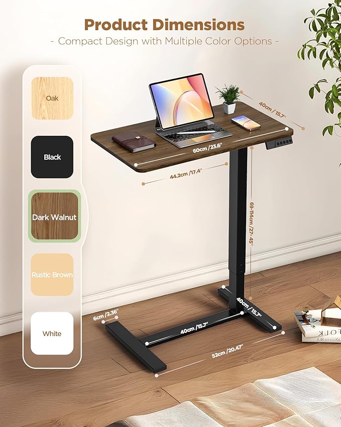 Overbed Bedside Table with Wheels, Electric Standing Desk Adjustable Height, Small Computer Desk for Home Office, Rolling Laptop Desk for Bed, Sofa, or Hospital Use (24"x16",Dark Walnut)