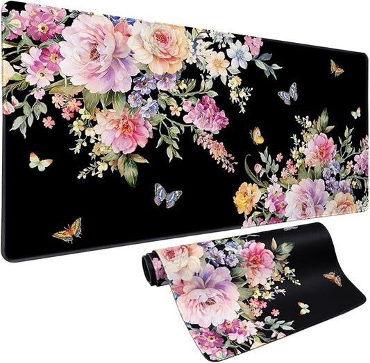 Desk Mat Mouse Pad Butterfly Flower, 35.4x15.7 in Pink Floral XXXL Extended Large Gaming Desk Pad Mousepad, Waterproof Black Computer Laptop Keyboard Mat for Women Girls Work, Game, Office, Home