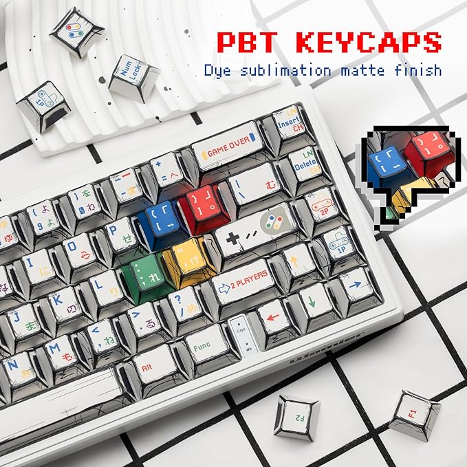 Retro Anime PBT Keycaps-Cherry Keycaps, Custom Keyboard Key caps 60 65 75 100 Percent, 5 Side Dye Sublimation 141 Keys Set for Cherry Gateron MX Switches Keyboards, White (Classic Game Theme)