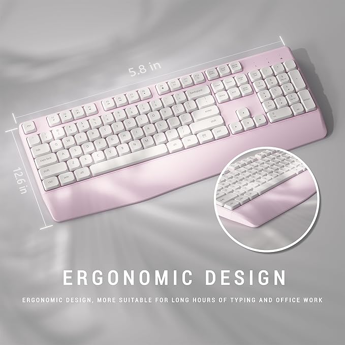 Ergonomic Keyboard and Mouse Combo with Wrist Rest, BK Chipset, Full-Size Colorful Office Keyboard and Mouse, Power Button, USB Receiver for PC Laptop(Pink White)