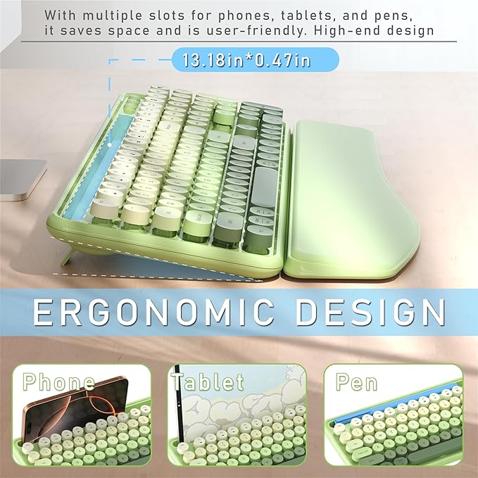 Colorful Wireless Computer Keyboard and Mouse Combo with Phone Holder, Wrist Rest, Typewriter Keys, 2.4GHz Wireless, Full-Sized Optical Mouse for PC and Laptop(Green Colorful)