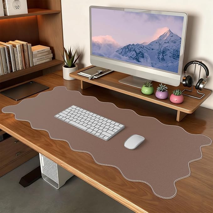 iCasso Leather Desk Pad,Extra Large Mouse Pad for Laptop,Waterproof PU Nail Table Mat,Cute Scalloped Keyboard Mats for Women Girl,Non-Slip Desk Cover Mat for Office Home School