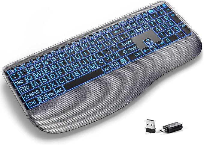Large Print Backlit Wireless Keyboard – Silent Keyboards with Wrist Rest, 7-Color Light up, Quiet Low Profile Keys, 2.4G Wireless Rechargeable Full Size Keypad for Computer Laptop Windows, Gray