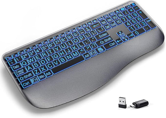 Large Print Backlit Wireless Keyboard – Silent Keyboards with Wrist Rest, 7-Color Light up, Quiet Low Profile Keys, 2.4G Wireless Rechargeable Full Size Keypad for Computer Laptop Windows, Gray