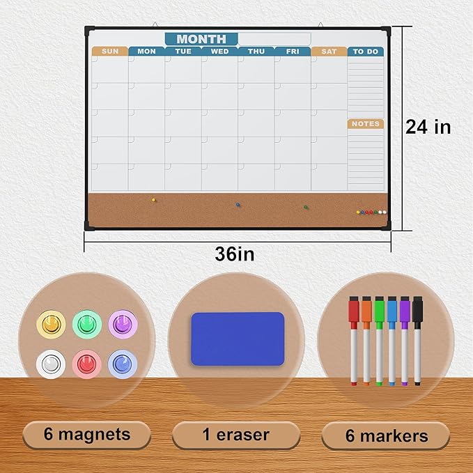 Monthly Calendar Dry Erase Board 36x24 Inch, Double-Sided Whiteboard and Corkboard Combo with Black Aluminum Frame (Color Calendar), Wall Mounted Planner with Marker, Magnet, Push Pin, Eraser