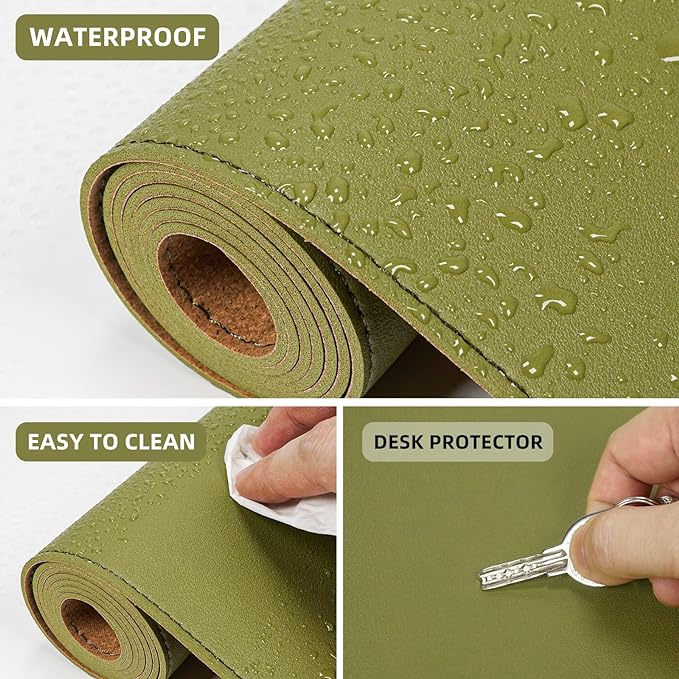 Leather Desk pad Protector, Large Desk mat with Natural Cork & PU Leather,Mouse pad,Non-Slip Office Desk Mat,Waterproof Desk Writing Pad for Office and Home (35in*17in, Olive Green)