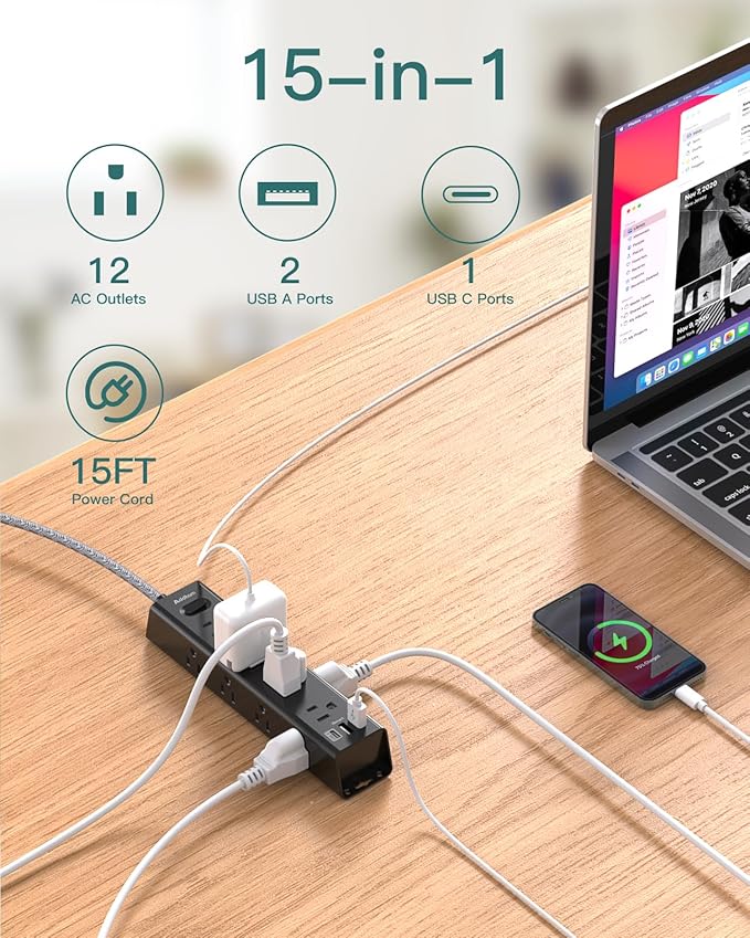 Surge Protector Power Strip - 15 FT Extension Cord, Power Strip with 12 Widely AC Outlet 3 USB, Flat Plug Wall Mount Overload Protection, 1050J, Desk Charging Station for Home Office, ETL Listed,Black