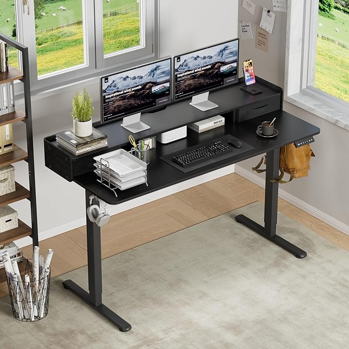 Furmax Electric Standing Desk with Drawers, Stand Up Desk with Storage Shelf Height Adjustable Computer Desk with Organizer for Home Office Ergonomic (Black, 55 Inch)