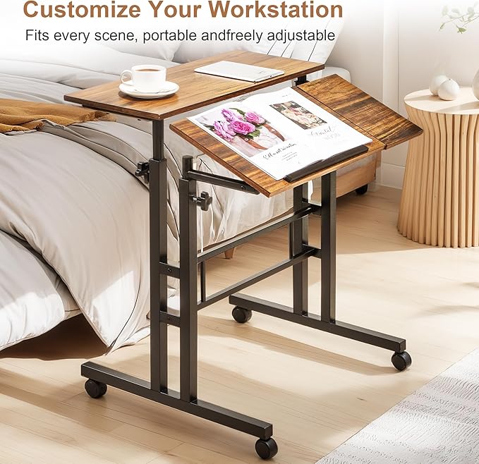 VECELO Mobile Small Standing Desk Adjustable Height, Computer Workstations with Tiltable Tabletop, Lockable Wheels, Portable Rolling Laptop Desk for Home Office, Brown