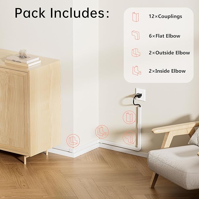 283in PVC Wire Covers for Cords on Wall, One-Cord Cable Concealer Kit, Paintable Cable Raceway Management, Cord Hider, Max for 2 Small Cords for Home Office, W0.59in H0.4in