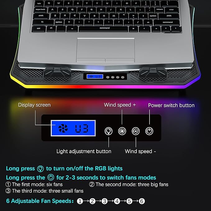 TopMate C12 Laptop Cooling Pad RGB Gaming Notebook Cooler for Desk and Lap Use, Laptop Fan Stand 8 Adjustable Heights with 6 Quiet Fans and Phone Holder, for 15.6-17.3 Inch Laptops-Ice Blue LED Light