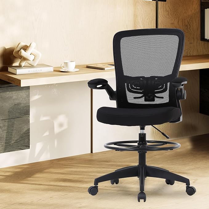 BestOffice Drafting Chair Tall Office Chair Adjustable Height with Lumbar Support Flip Up Arms Footrest Mid Back Task Mesh Desk Chair Computer Chair Drafting Stool for Standing Desk (B-Black)