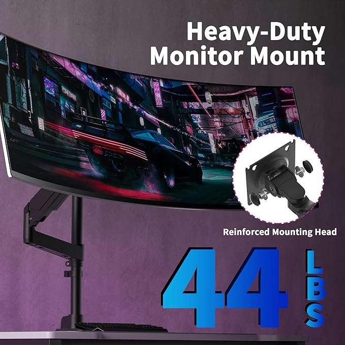 Single Monitor Arm for 17-49 Inch Ultrawide Screens, Single Monitor Mount Heavy Duty up to 44lbs, Adjustable Vertical Stacked Full Motion Single Monitor Arm Desk Mount, 75/100mm VESA Mount, Black