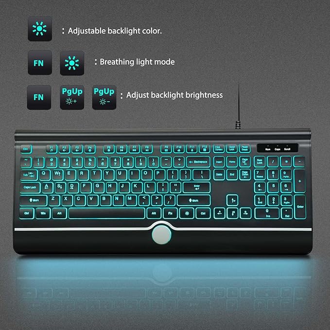 Backlit Computer Keyboards, Wired Light Up Keyboards with 7-Color Backlit, USB Lighted Keyboard Easy to See and Type, Corded Full-Size Keyboard for Windows Desktop, Laptop, PC