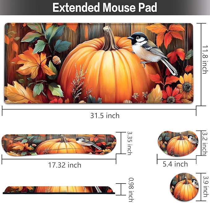 Large Mouse pad and Keyboard Support Set, Ergonomic Memory Foam Keyboard Wrist Rest, Extended Gaming Mouse Pad with Stitched Edges, Fall Pumpkins and Bird XXL Desk Mat (31.5 X 11.8 in)