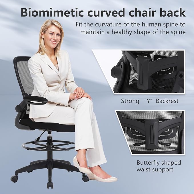 BestOffice Drafting Chair Tall Office Chair Adjustable Height with Lumbar Support Flip Up Arms Footrest Mid Back Task Mesh Desk Chair Computer Chair Drafting Stool for Standing Desk (B-Black)