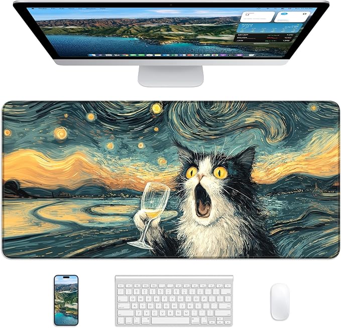 XL Gaming Mouse Pad, 31.5x15.7'' Large Desk Mat with Anti-Slip Rubber Base & Stitched Edges for Gaming, Office, Home, Shocked Cat