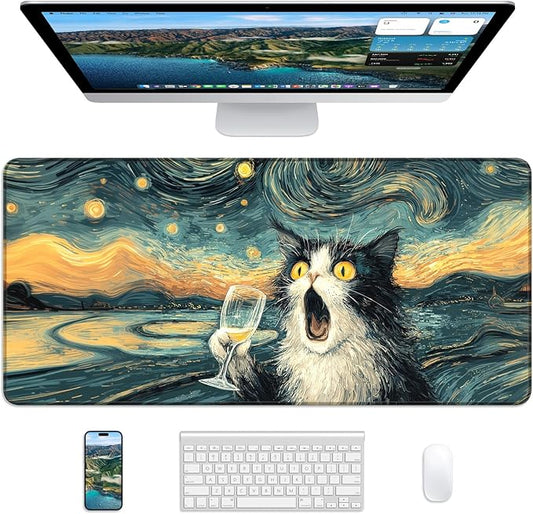 XL Gaming Mouse Pad, 31.5x15.7'' Large Desk Mat with Anti-Slip Rubber Base & Stitched Edges for Gaming, Office, Home, Shocked Cat
