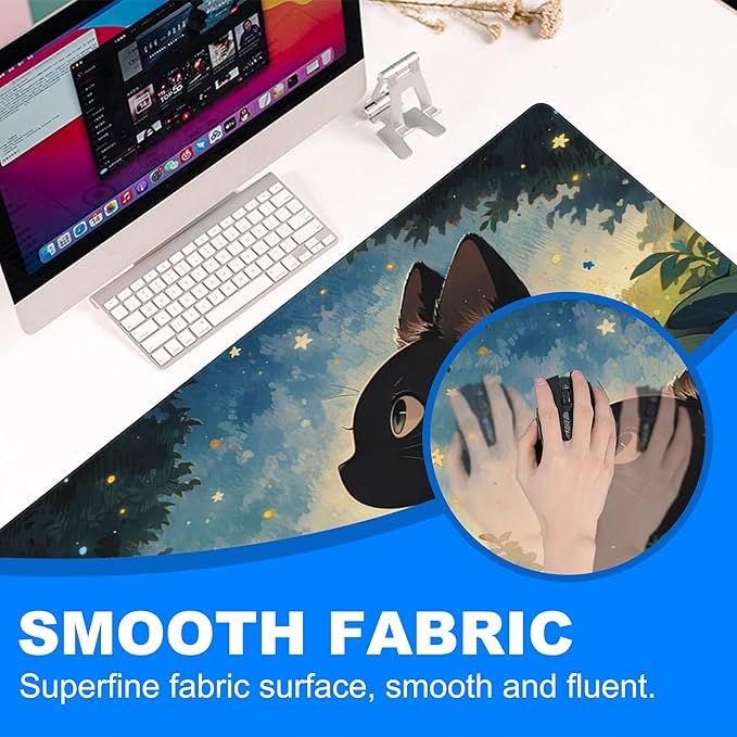 Desk Pad, Anime Cute Black Cat Extended Gaming Mouse Pad Large, 31.5"x11.8" Big Mouse Pad with Non-Slip Base and Stitched Edge, Long Computer Keyboard Mouse Mat for Home Office Work