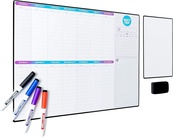 Dry Erase Weekly Extra Thick Magnetic Calendar for Refrigerator: 17x13 Two Week Planner and 6x9 White Board, 4 Fine Tip Markers and Eraser with Magnets. Stain Resistant. Shipped Flat.