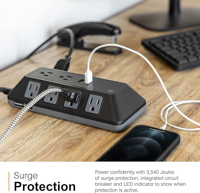 GE UltraPro Adapt 10-Outlet Surge Protector with USB Ports, 2 USB-A Ports, 2.4A, 12W, 4ft Braided Cord Power Strip Surge Protector, 3540 Joules, Black, 73775