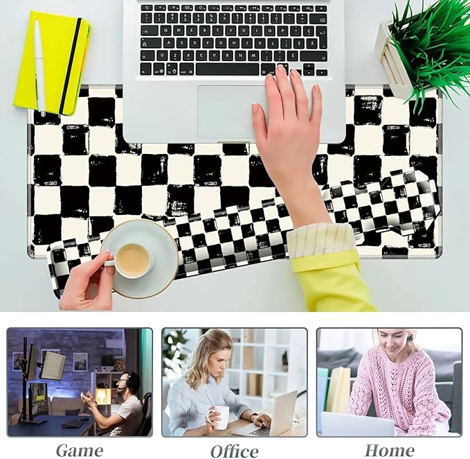 3Pcs Mouse Pad Set, Black White Checkerboard Large Gaming Mouse Pad with Stitched Edge, Ergonomic Memory Foam Keyboard Wrist Support and Mouse Wrist Rest Cushion, Pain Relief Non-Slip Desk Pad Combo