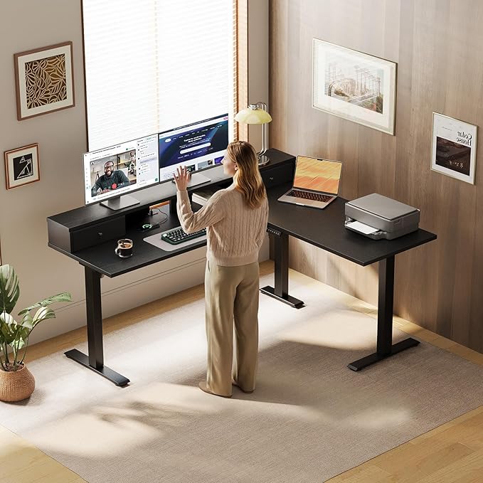 Casaottima 59 Inch Electric L-Shaped Standing Desk with Drawers, Height Adjustable Stand Up Corner Desk with Monitor Stand, Lift Table for Home, Office, Workstation, Black
