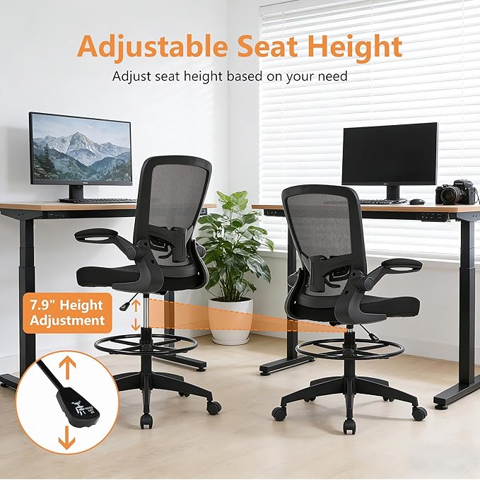 BestOffice Drafting Chair Tall Office Chair Adjustable Height with Lumbar Support Flip Up Arms Footrest Mid Back Task Mesh Desk Chair Computer Chair Drafting Stool for Standing Desk