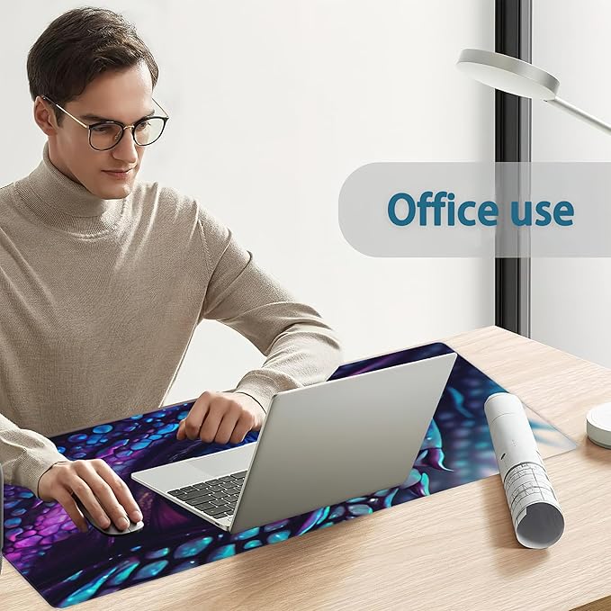 Desk Mat, Blue and Purple Fantasy Dragon Eye Extended Gaming Mouse Pad Large, 31.5"x11.8" Big Mouse Pad with Non-Slip Base and Stitched Edge, Long Computer Keyboard Mouse Mat for Home Office Work