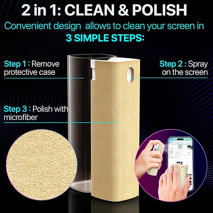 Mini Screen Cleaner Spray – Finger Proof Screen Cleaner for Smartphones, iPads, MacBooks, Laptops, Car Screens, Touchscreens – 3 in1 Mist Cleaner, Microfiber Cloth and Protective Cover (Blue)