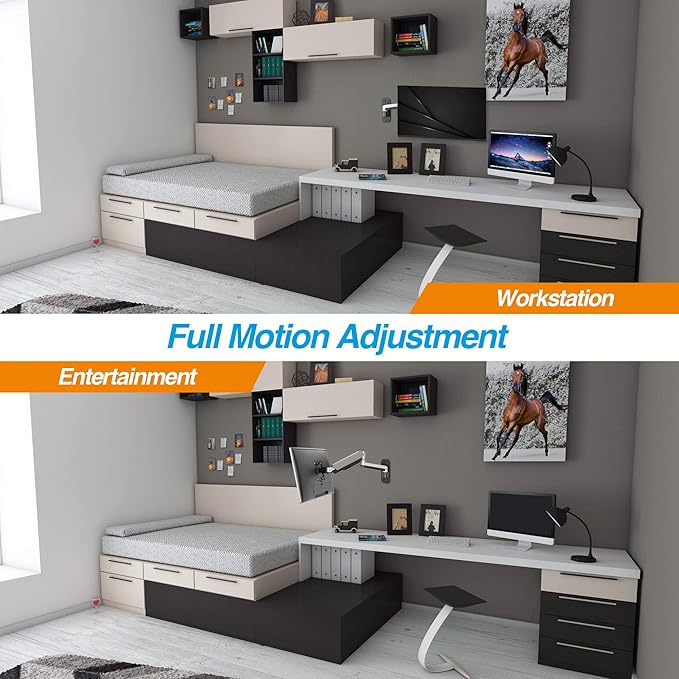 AVLT Single Extended 13"-32" Monitor Wall Mount fits Flat/Curved Computer Screen Full Motion Height Swivel Tilt Rotation Adjustable Arm - VESA/Cable Management