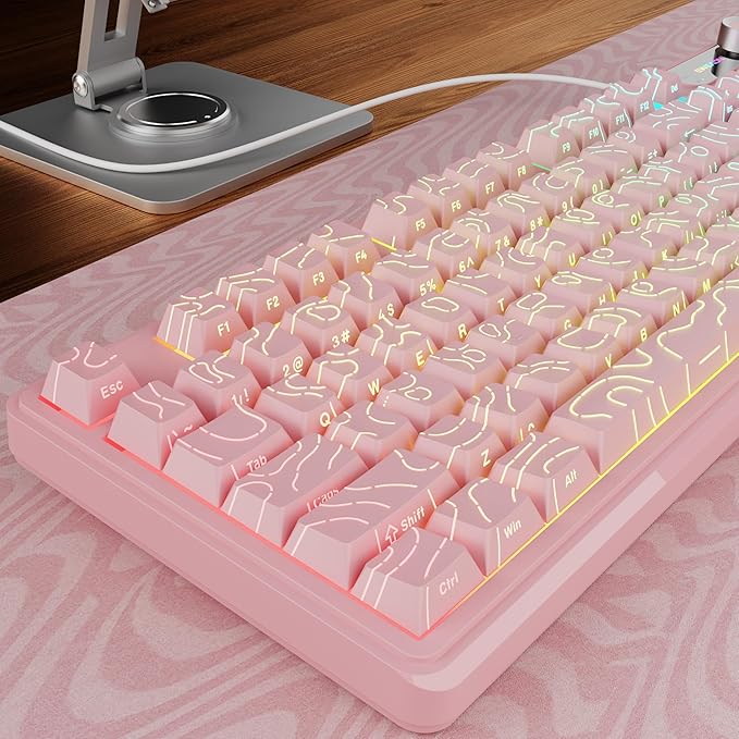 V102 Wired Keyboard, 98 Keys Creamy Gaming Keyboard with Number Pad, Display Screen & Media Knob RGB Silent Wired Cute Computer Keyboard for Laptop PC Gamer - Light Pink