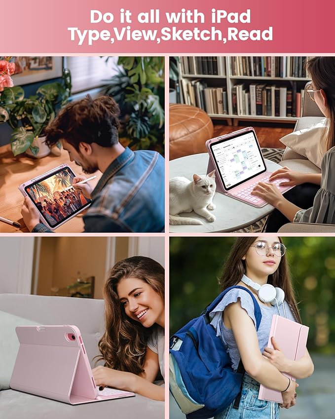 typecase Folio iPad 11th/10th Gen Keyboard Case (11" A16 2025 & 10.9" 2022) – Magnetic Wireless Detachable Keyboard, 7-Color Backlight, Thin & Light, Pencil Holder – Light Pink
