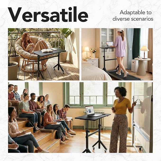 HUANUO 32'' Small Standing Desk with Wheels,28.7"-46.1" Heigh Adjustable Portable Rolling Desks,Mobile Stand Up Desk for Walking Pad and Treadmill,Sit to Stand Computer Workstation for Bedroom,Black