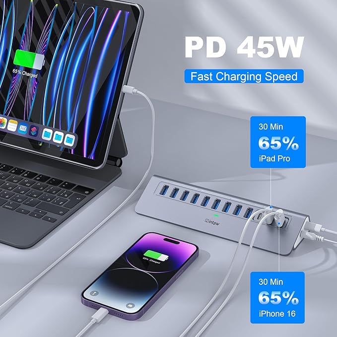 Powered USB Hub 10Gbps, intpw YH9AC 12-Port USB Splitter with USB A/USB C 3.2, 4 USB 3.0, 2 PD 45W Charging Ports, 65W Power Adapter + 3.3FT Cable, Aluminum USB Extender Hub for Laptop/PC/iPhone 16/15