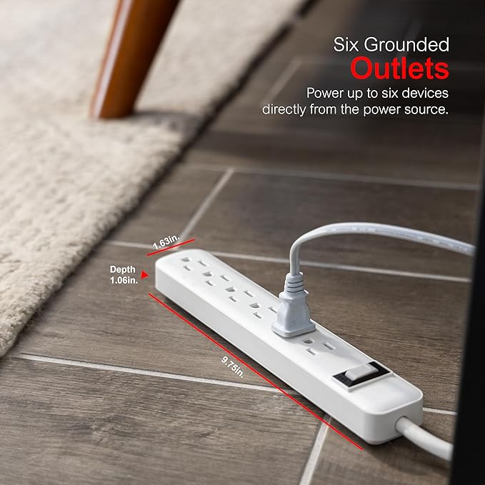 GE 6-Outlet Power Strip,1.5 Ft Extension Cord,Heavy Duty Plug,Grounded,Integrated Circuit Breaker,3-Prong,Wall Mount,ETL Listed,White,14833,(Pack of 12)