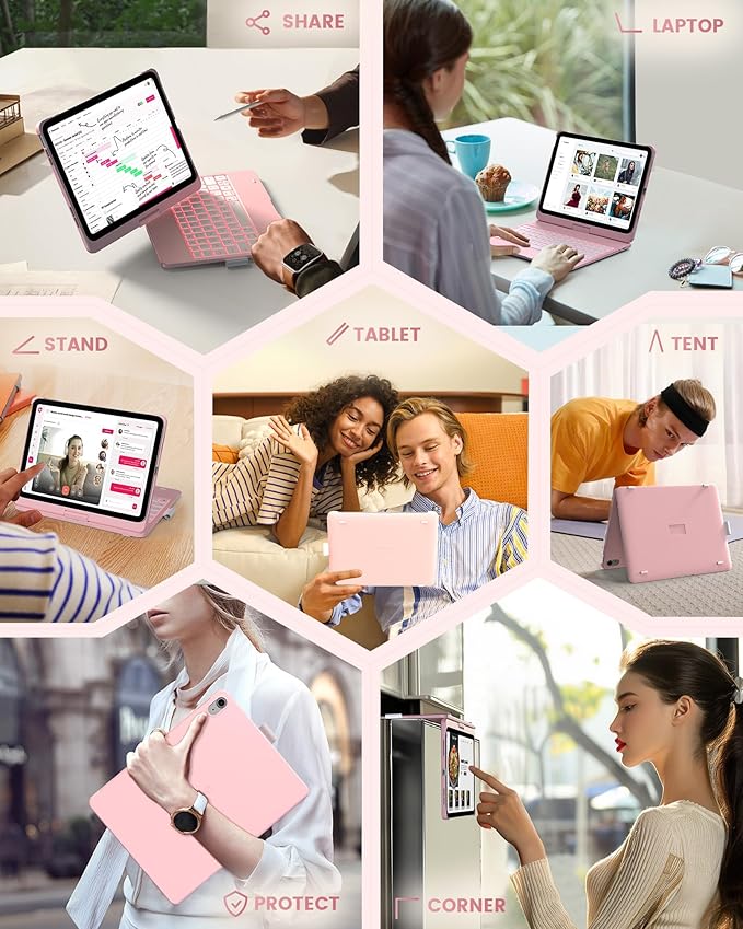 typecase Flexbook Keyboard Case for iPad 11th (A16, 2025) and iPad 10th Gen (10.9", 2022) – No Trackpad, 11-Color Backlight, 360° Rotatable, 7 Use Modes, Thin & Lightweight – Light Pink