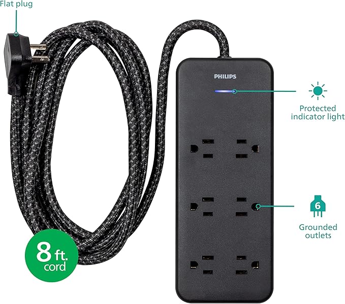 Philips 6-Outlet Surge Protector, 8 Ft, Braided Cord, 1080 Joules, Adapter-Spaced, Black, SPC6066BB/37