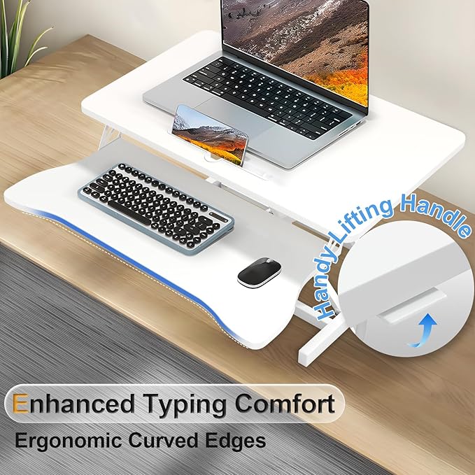 Standing Desk Converter 32 inch Height Adjustable Sit to Stand Up Desk Tabletop Dual Monitor and Laptop Workstation for Home Office with Wide Keyboard Tray Spacious 2-Tier Desktop White