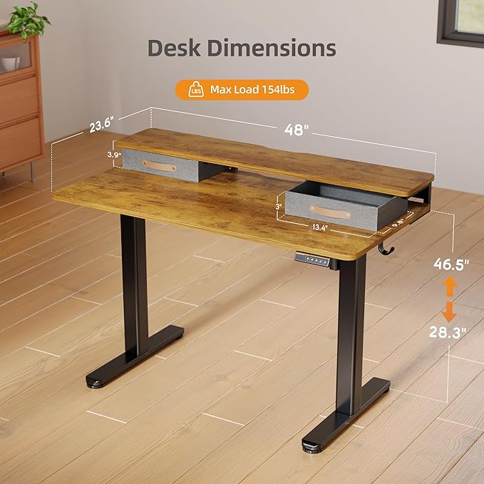 Seang Electric Standing Desk with 2 Drawers, Adjustable Standing Desk with Storage Shelf, Height Adjustable Stand up Desk for Home Office with 3 Presets & 2 Hooks,48 Inch, Rustic Brown