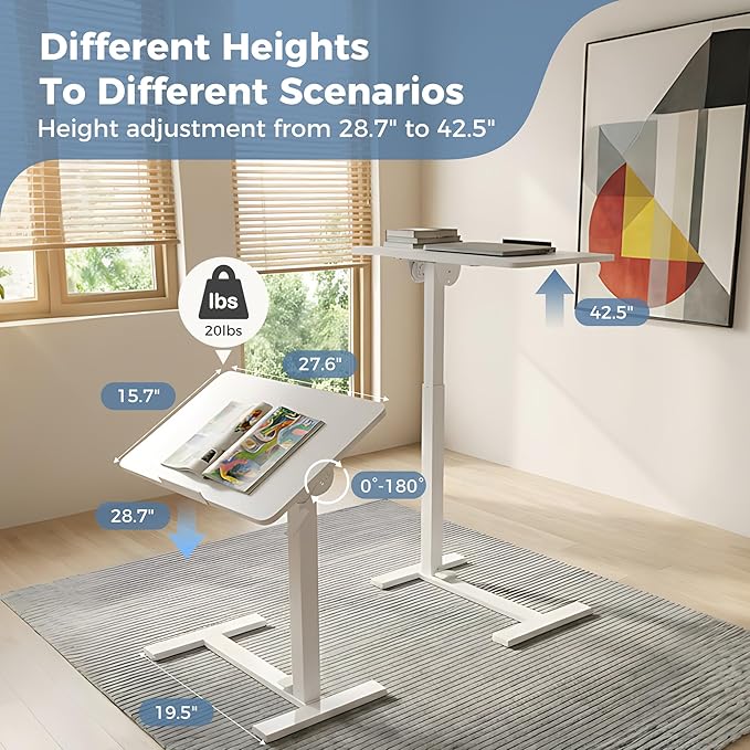 DUMOS Mobile Standing Desk, Height Adjustable Laptop Desk with Pneumatic Lift, Portable Computer Workstation Cart for Bed, Couch, Office, Sofa, White