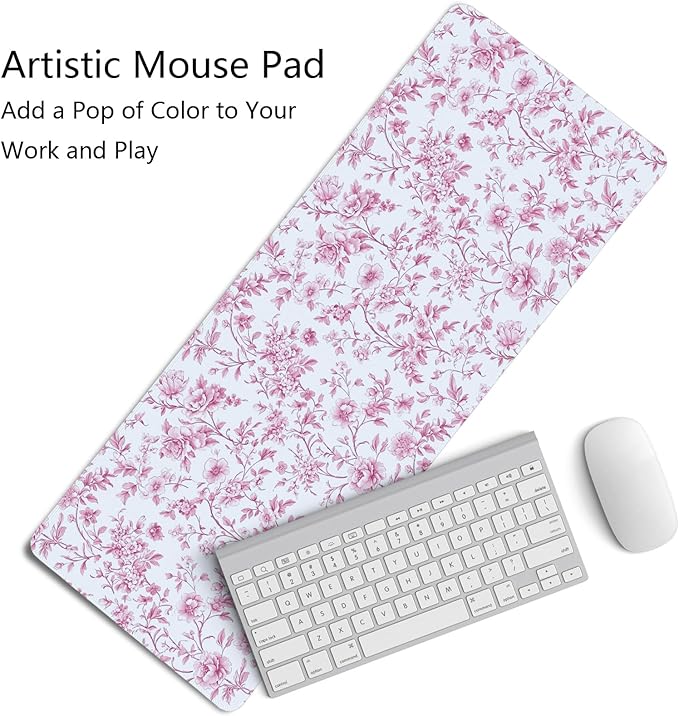 Pink Chinoiserie Mouse Pad,Vintage Pink and White Floral Desk Mat,XL Large Vintage Flowers Preppy Mouse Pad,Girly Laptop Desk Mat for Dorm Home Office,31.5x11.8 Inch