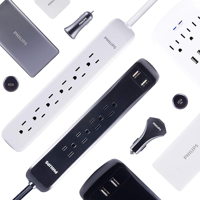 Philips 7 Outlet Power Strip Surge Protector, 2 USB Charging Ports, 4ft Power Cord, Flat Plug, Wall Mount, 1440 Joules, ETL Listed, Circuit Breaker, Automatic Shutdown, Black, SPP6270BC/37